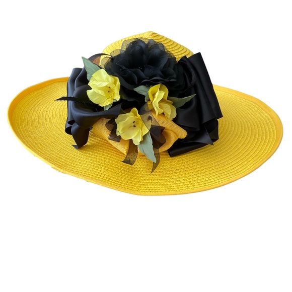 Fashion Wide Brim Yellow and Black Hat Kentucky Derby, Church, Wedding, Vacation